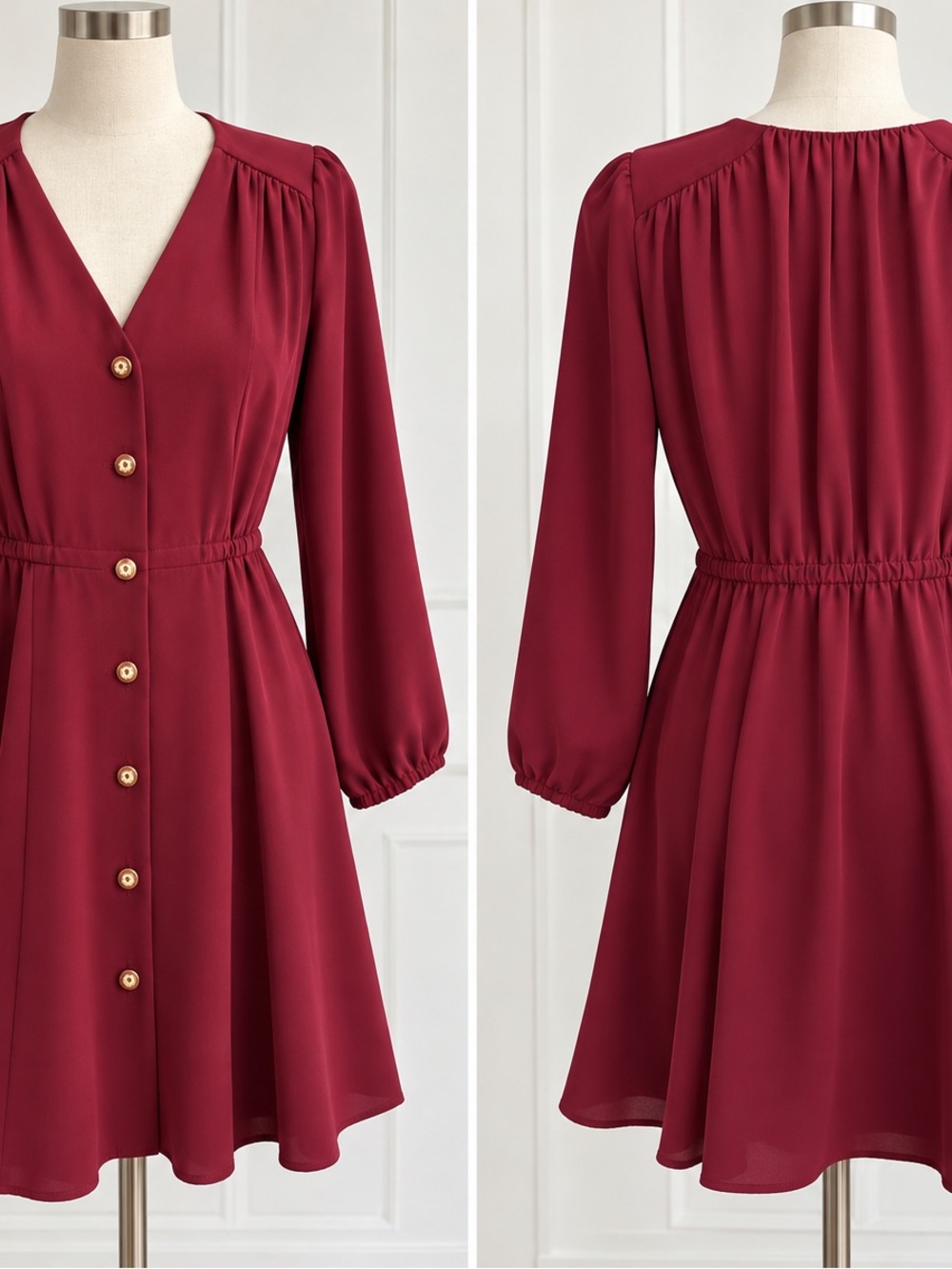 BNWOT - Babaton Burgundy Button-Front V-Neck Long Sleeve Dress